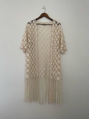 Rebellion Again Crochet Boho Fringe Short Sleeve Duster Beach Cover Up Large